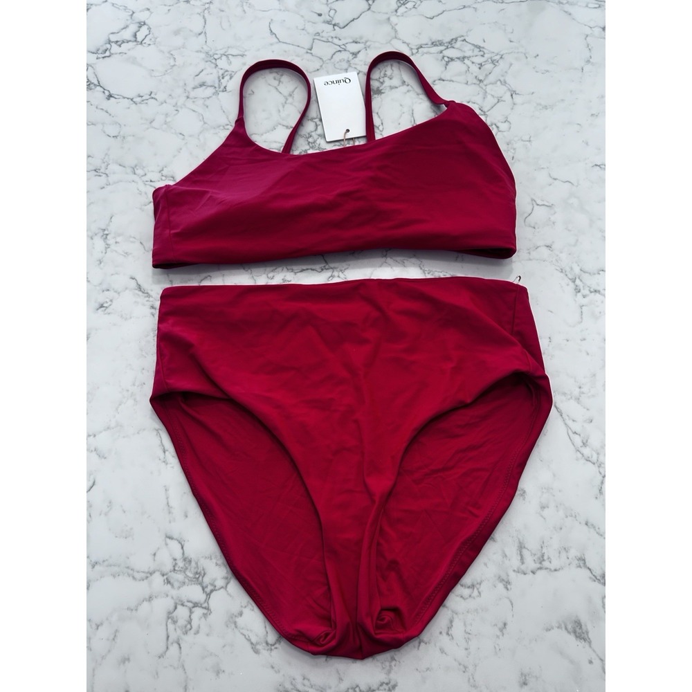 New Quince Cherry Red Italian Scoop Neck Bikini Top & High Rise Bottom Set Large